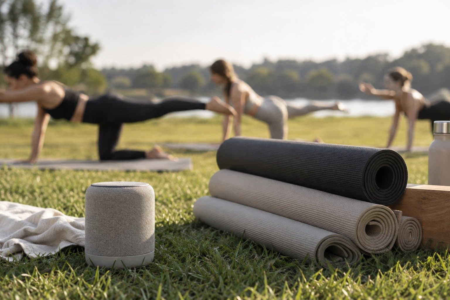 Przenośny głośnik i maty do pilatesu przygotowane do zajęć w plenerze