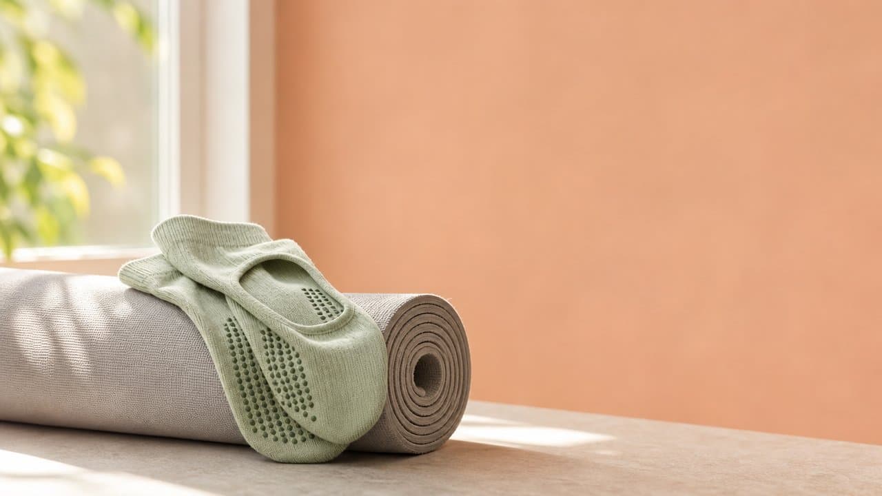 Para antypoślizgowych skarpet do pilatesu na zwiniętej macie.