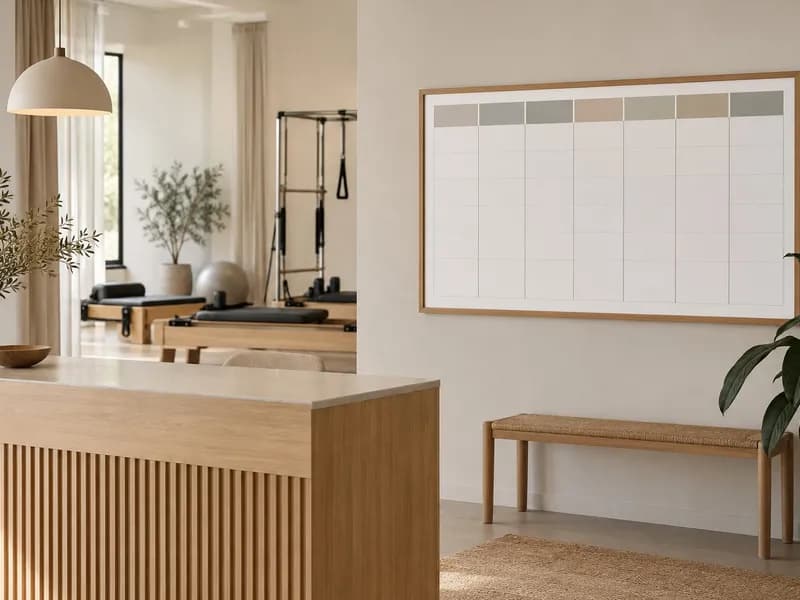 Grafik zajęć pilates wyświetlony na tablecie w recepcji studia