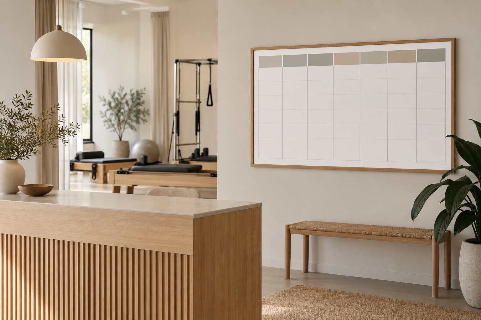 Grafik zajęć pilates wyświetlony na tablecie w recepcji studia