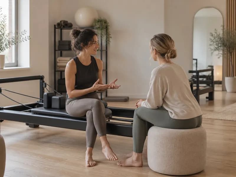 Instruktorka pilates rozmawiająca z kandydatką przy reformerze w studiu