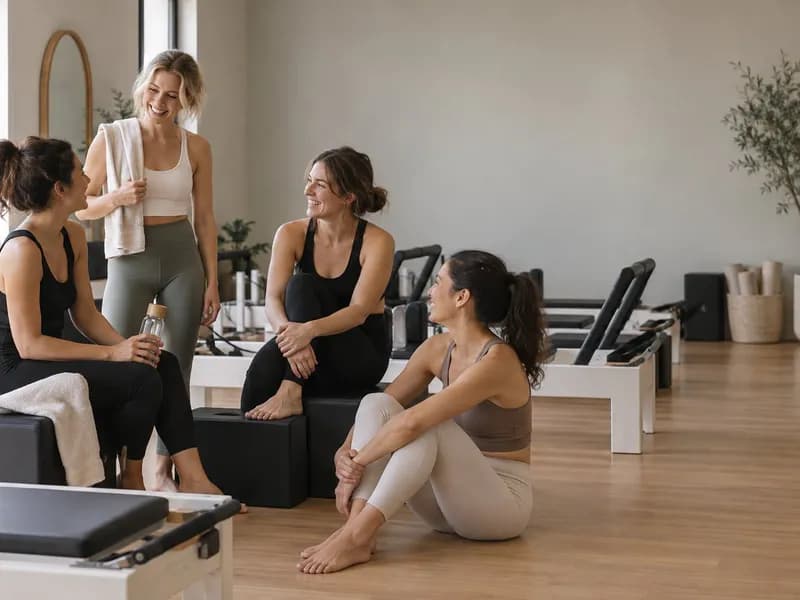 Uczestniczki studia pilates rozmawiają po zakończonych zajęciach