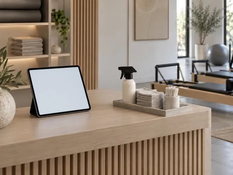 Formularz wywiadu zdrowotnego na tablecie przy recepcji studia pilates