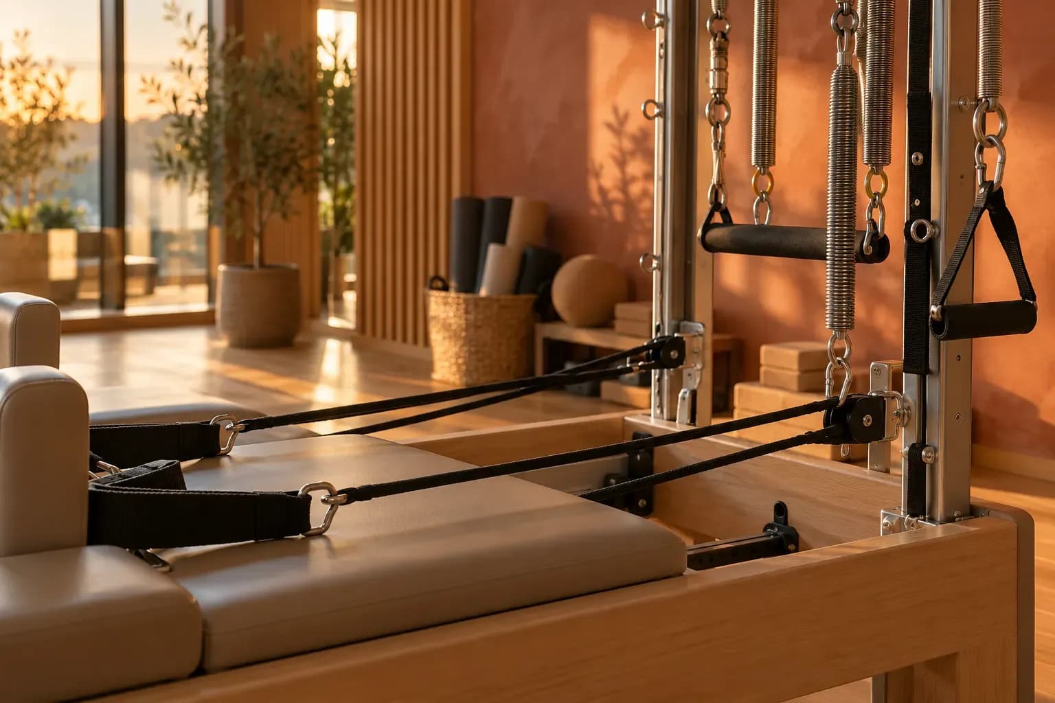 Zbliżenie na tower pilates i małe przybory ułożone na dębowej półce