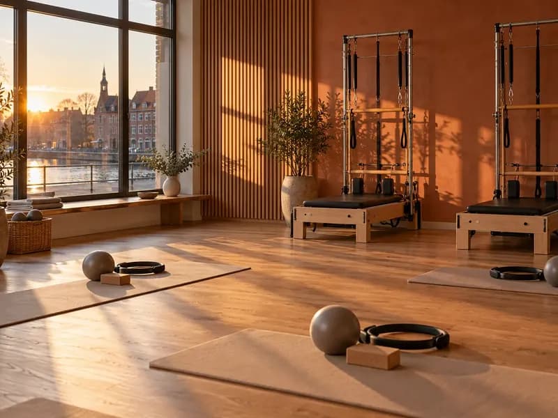 Szeroki widok na kameralną salę z dębową podłogą, terakotowymi akcentami i towerem pilates