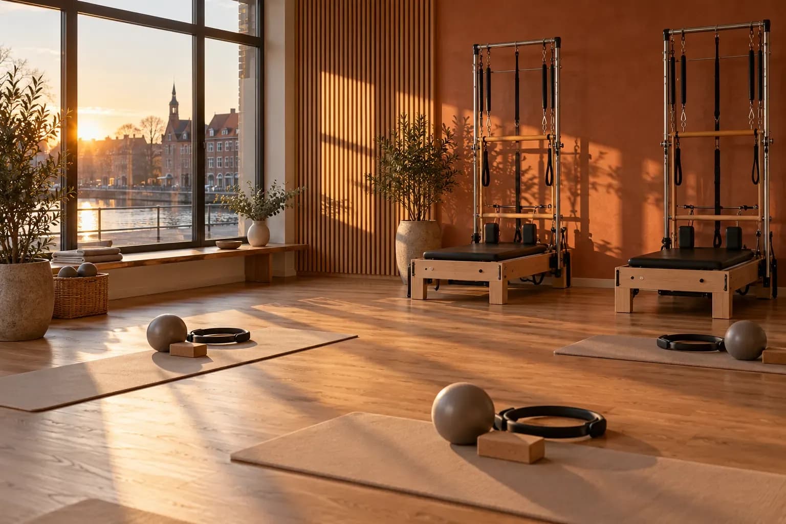 Szeroki widok na kameralną salę z dębową podłogą, terakotowymi akcentami i towerem pilates