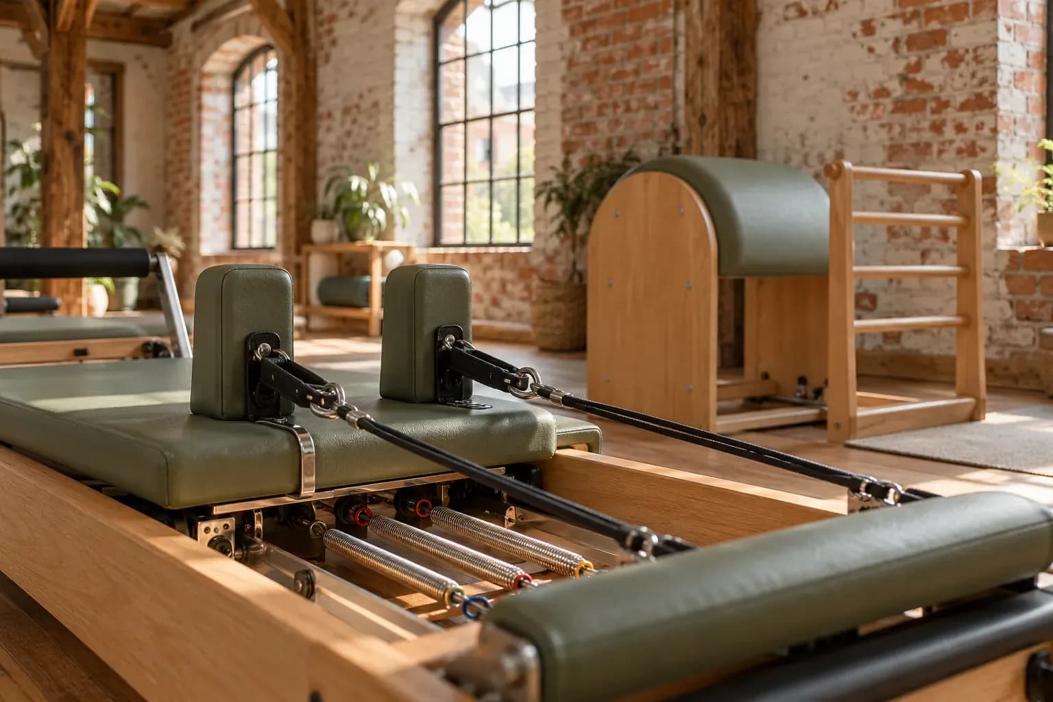 Zbliżenie na ladder barrel i reformer na tle ceglanej ściany