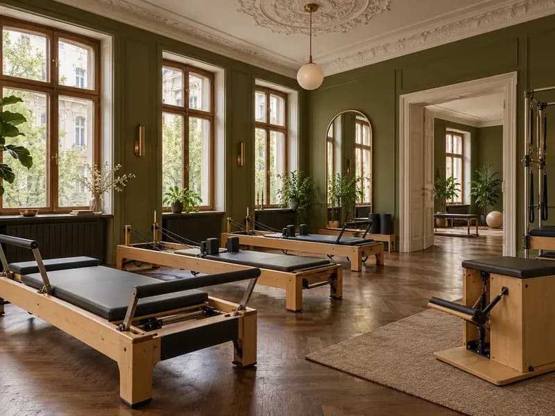 Sala w secesyjnej kamienicy z oliwkowymi ścianami, wysokimi oknami, rozetą pod sufitem, reformerami i krzesłem Wunda