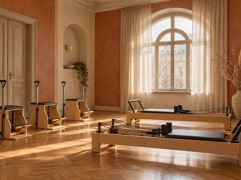 Ciepła sala w terakotowych i lnianych barwach z krzesłami Wunda, dwoma reformerami i łukowym oknem z lnianymi zasłonami