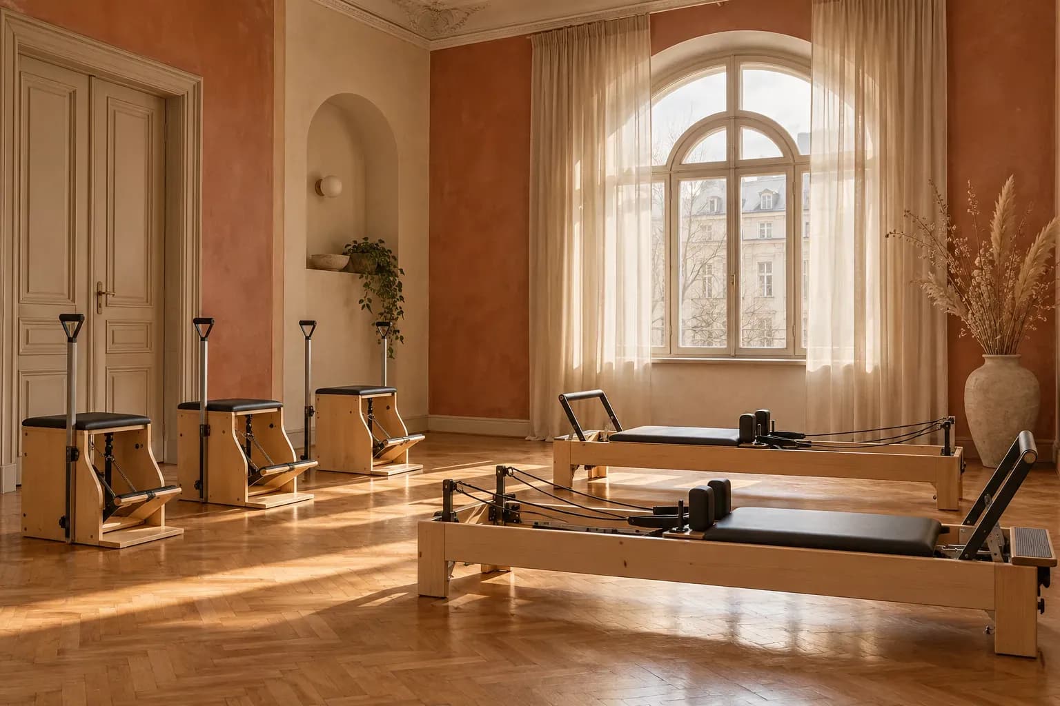 Ciepła sala w terakotowych i lnianych barwach z krzesłami Wunda, dwoma reformerami i łukowym oknem z lnianymi zasłonami