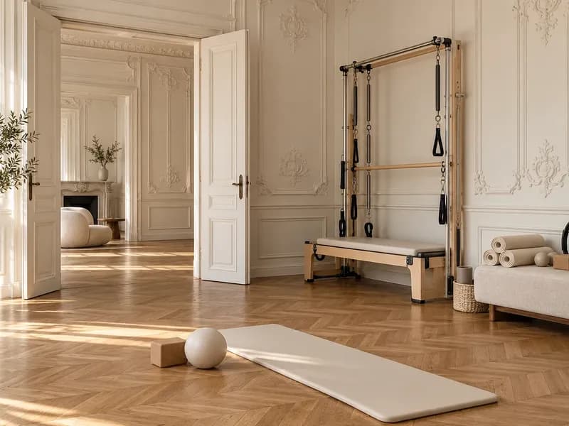 Biała sala w kamienicy ze sztukaterią, dębową jodełką na podłodze, towerem pilates i zwiniętymi matami na ławce