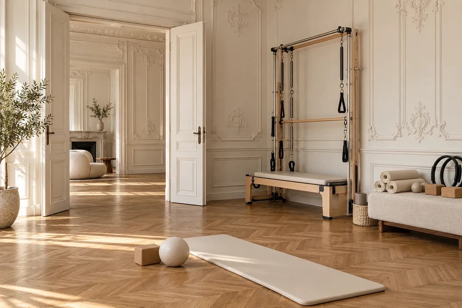 Biała sala w kamienicy ze sztukaterią, dębową jodełką na podłodze, towerem pilates i zwiniętymi matami na ławce
