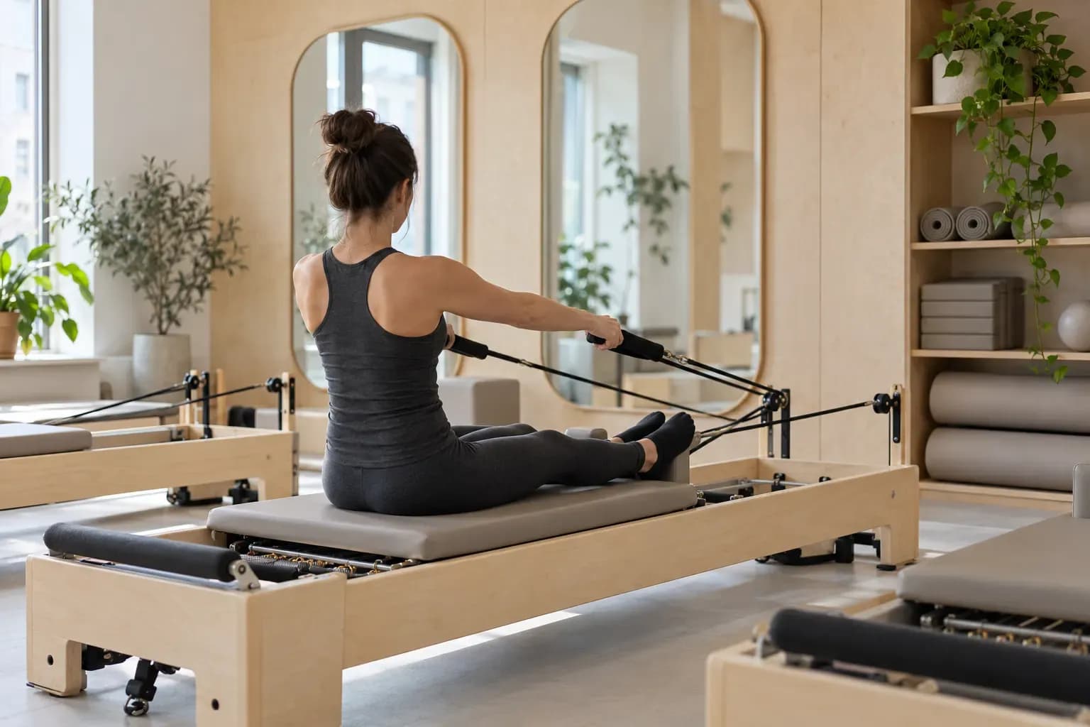 Osoba ćwicząca pilates na macie w jasnej sali z brzozową podłogą