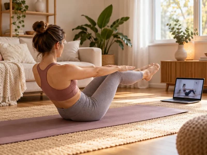 Osoba ćwiczy pilates na macie przed laptopem