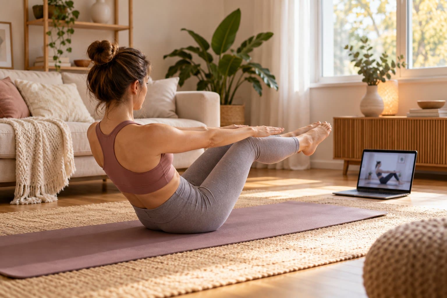 Osoba ćwiczy pilates na macie przed laptopem