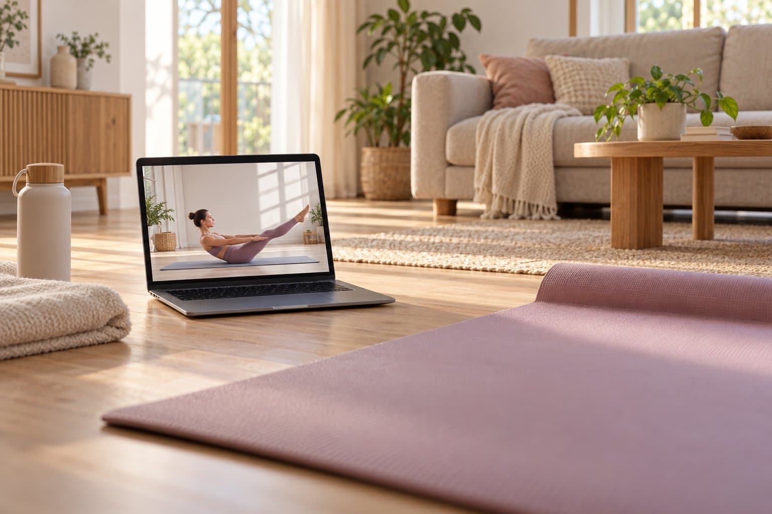 Laptop na podłodze salonu obok rozłożonej maty, ekran pokazuje instruktorkę