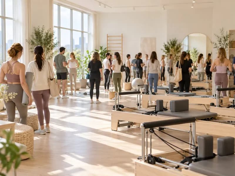 Grupa osób zwiedza nowo otwarte studio pilates podczas dnia otwartego