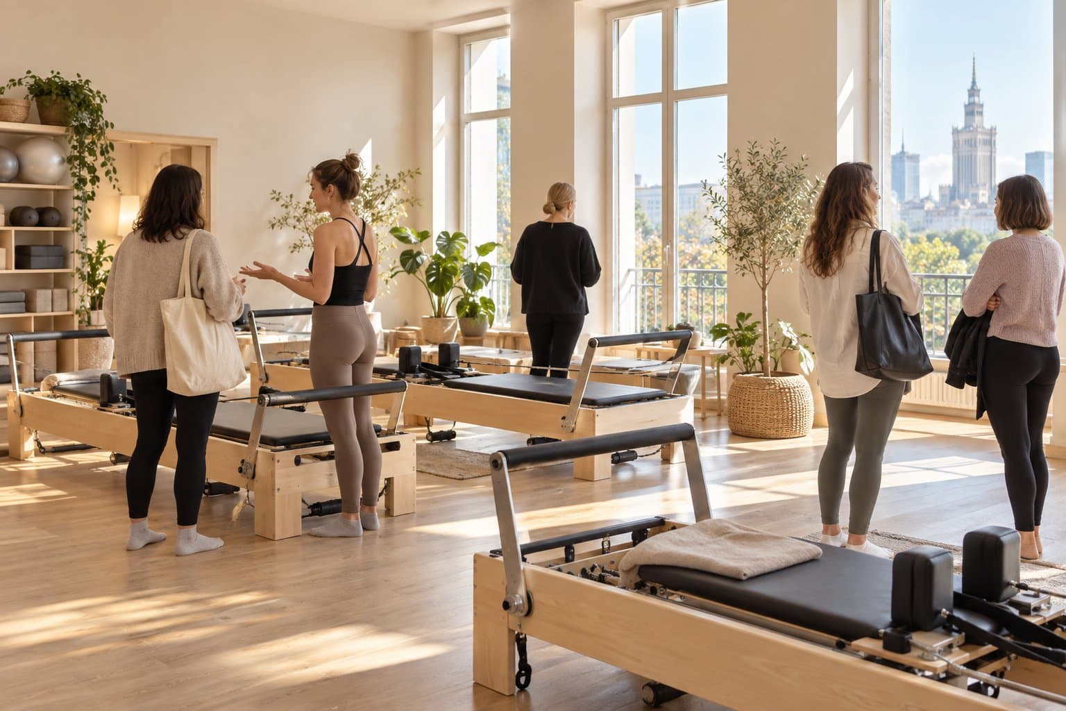 Osoby zwiedzające jasne studio pilates z reformerami podczas dnia otwartego