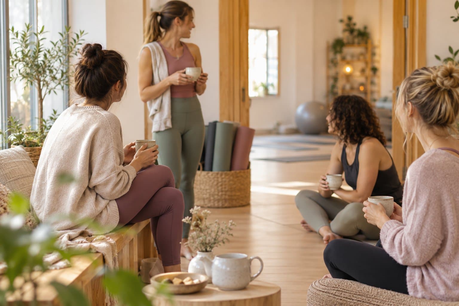 Uczestnicy rozmawiają przy herbacie po wspólnych zajęciach pilates