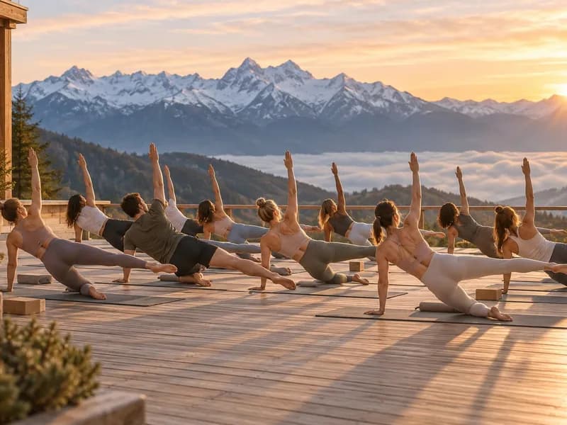 Grupa ćwiczy pilates na tarasie z widokiem na góry