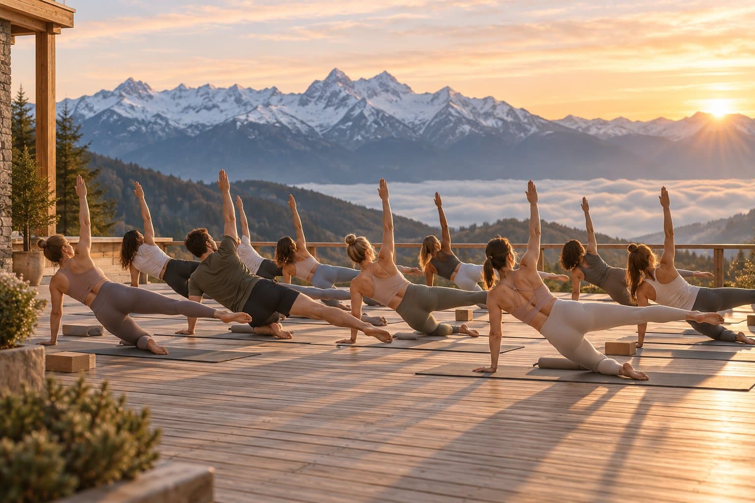 Grupa ćwiczy pilates na tarasie z widokiem na góry