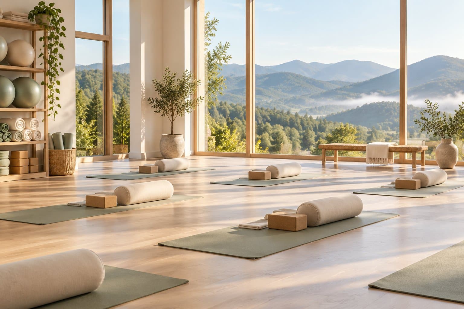 Jasna sala pilates z widokiem na góry przez duże okna