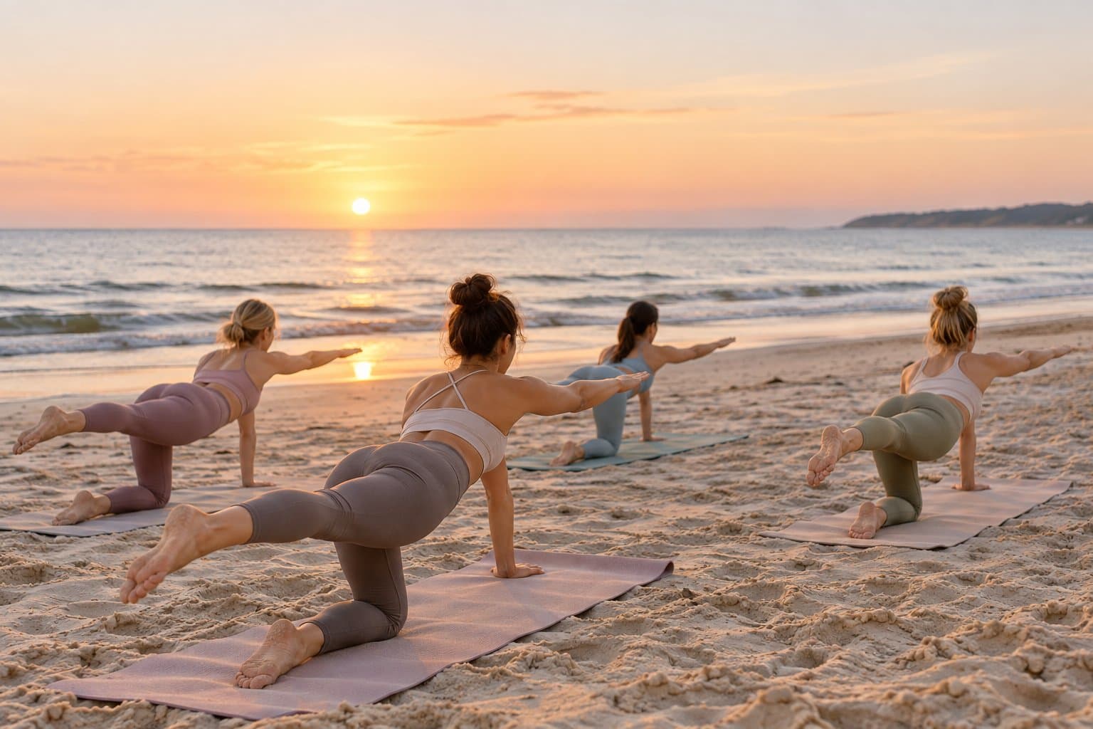 Grupa uczestniczek ćwiczy pilates na piaszczystej plaży rano