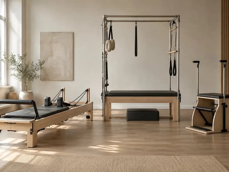 Sprzęt do pilatesu ustawiony w sali studia