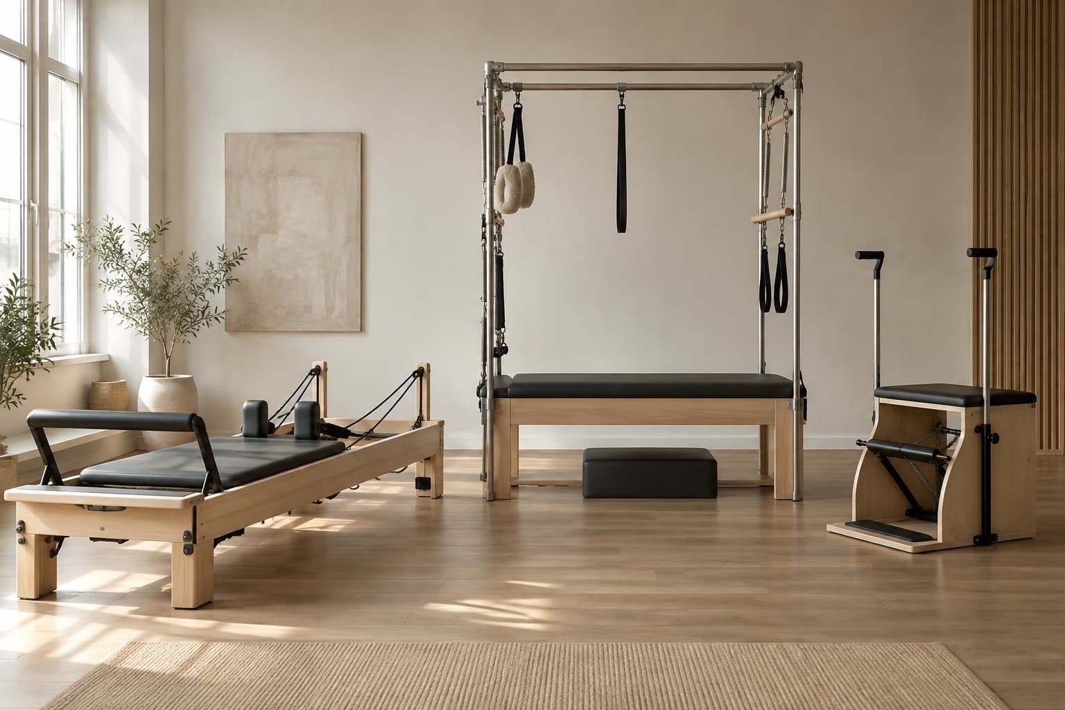 Sprzęt do pilatesu ustawiony w sali studia