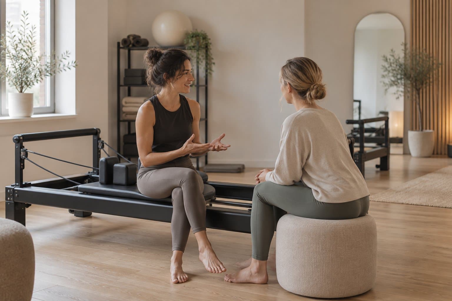 Instruktorka pilates rozmawiająca z kandydatką przy reformerze w studiu