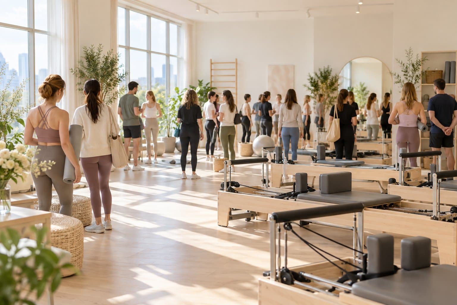 Grupa osób zwiedza nowo otwarte studio pilates podczas dnia otwartego